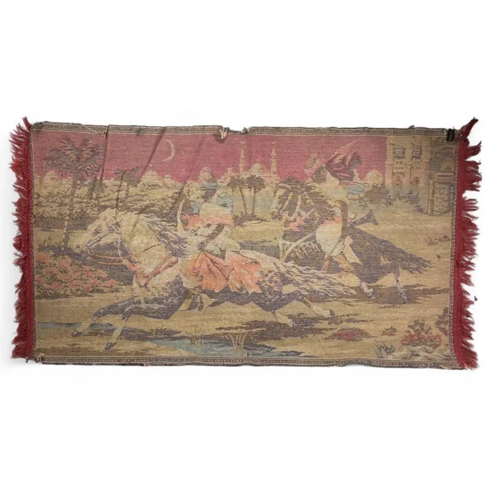 Vintage Arabian Nights Tapestry Middle Eastern Men Horses Wall Hanging 43x23